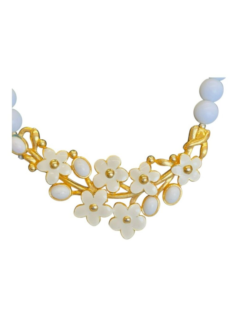 Vintage White & Gold Enamel Floral Beaded Necklace Elegant Jewelry - Picture 2 of 6